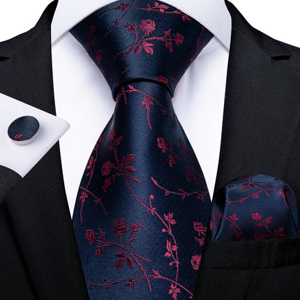 Classic Navy Blue Men'S Tie Striped Paisley Floral Necktie Pocket Square Cufflinks Business Tie Set Cravat Gift for Men