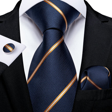 Classic Navy Blue Men'S Tie Striped Paisley Floral Necktie Pocket Square Cufflinks Business Tie Set Cravat Gift for Men