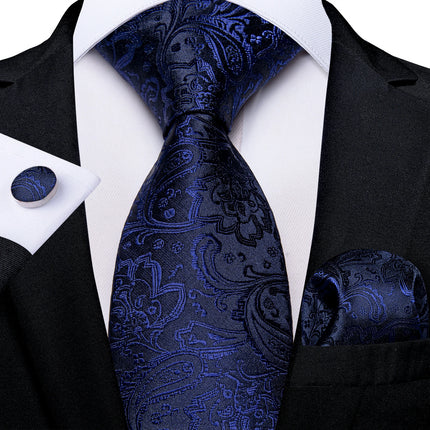 Classic Navy Blue Men'S Tie Striped Paisley Floral Necktie Pocket Square Cufflinks Business Tie Set Cravat Gift for Men