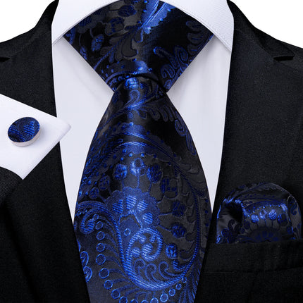 Classic Navy Blue Men'S Tie Striped Paisley Floral Necktie Pocket Square Cufflinks Business Tie Set Cravat Gift for Men