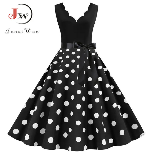 Polka Dot Print Vintage Women Summer Dress Black Patchwork Sleeveless V Neck Elegant Party Dresses Casual Robe Midi