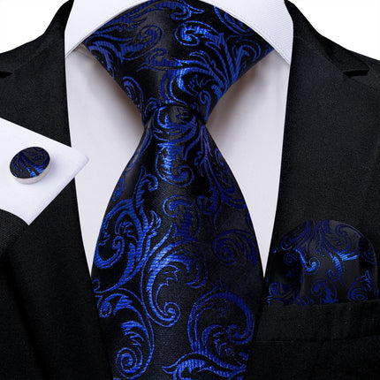 Classic Navy Blue Men'S Tie Striped Paisley Floral Necktie Pocket Square Cufflinks Business Tie Set Cravat Gift for Men