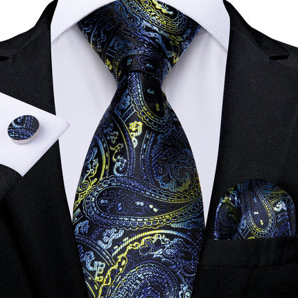Classic Navy Blue Men'S Tie Striped Paisley Floral Necktie Pocket Square Cufflinks Business Tie Set Cravat Gift for Men