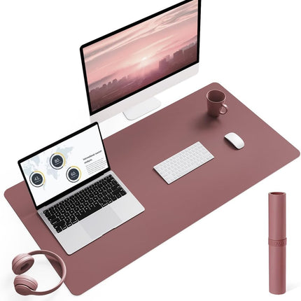 Non-Slip Leather Desk Pad L Size, Waterproof Laptop Computer Desk Keyboard Mat, Table Protector Blotter Mat, Large Mouse Pad for Office/Work/Home/Decor(Dark Pink, 35.4" X 17")
