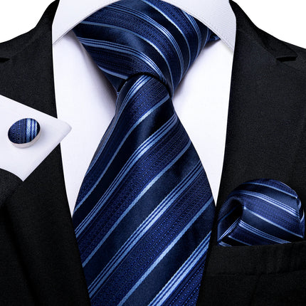 Classic Navy Blue Men'S Tie Striped Paisley Floral Necktie Pocket Square Cufflinks Business Tie Set Cravat Gift for Men