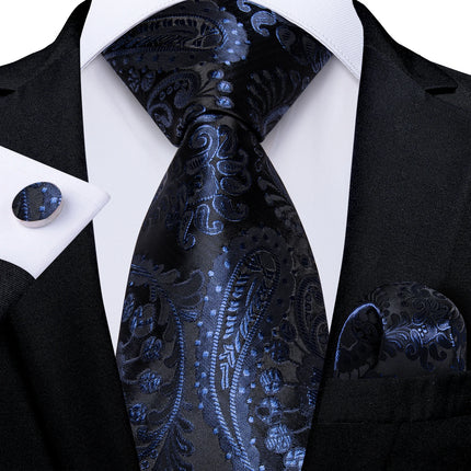 Classic Navy Blue Men'S Tie Striped Paisley Floral Necktie Pocket Square Cufflinks Business Tie Set Cravat Gift for Men