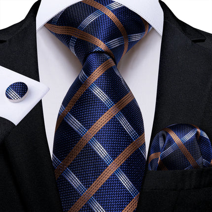 Classic Navy Blue Men'S Tie Striped Paisley Floral Necktie Pocket Square Cufflinks Business Tie Set Cravat Gift for Men