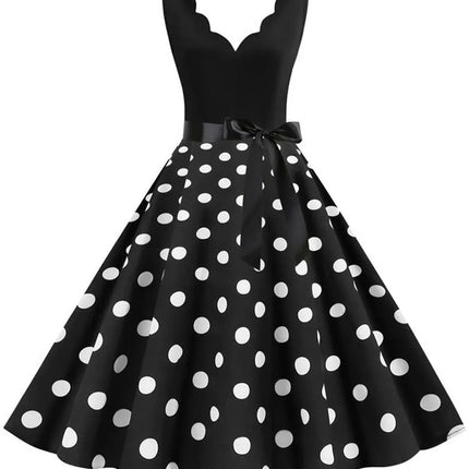 Polka Dot Print Vintage Women Summer Dress Black Patchwork Sleeveless V Neck Elegant Party Dresses Casual Robe Midi