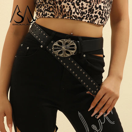 2025 New Y2K Spicy Girl Willow Nail Trendy Belt Women'S Versatile Retro Jeans Fashion Belt Dark Style Decorative Belt Women