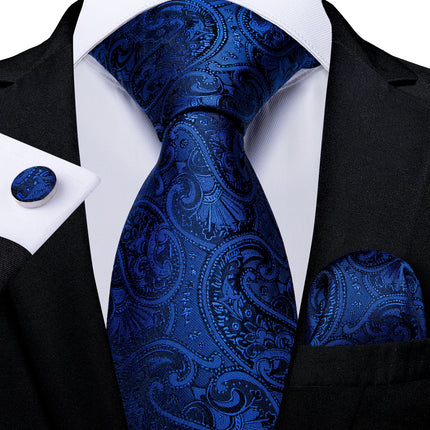 Classic Navy Blue Men'S Tie Striped Paisley Floral Necktie Pocket Square Cufflinks Business Tie Set Cravat Gift for Men