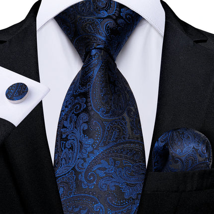 Classic Navy Blue Men'S Tie Striped Paisley Floral Necktie Pocket Square Cufflinks Business Tie Set Cravat Gift for Men