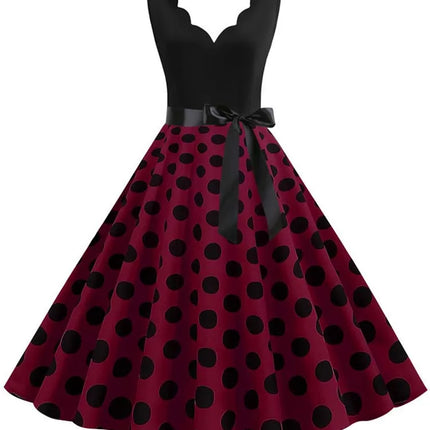 Polka Dot Print Vintage Women Summer Dress Black Patchwork Sleeveless V Neck Elegant Party Dresses Casual Robe Midi