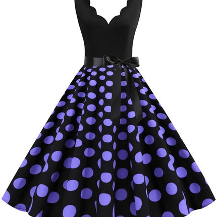 Polka Dot Print Vintage Women Summer Dress Black Patchwork Sleeveless V Neck Elegant Party Dresses Casual Robe Midi