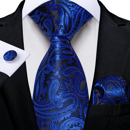 Classic Navy Blue Men'S Tie Striped Paisley Floral Necktie Pocket Square Cufflinks Business Tie Set Cravat Gift for Men