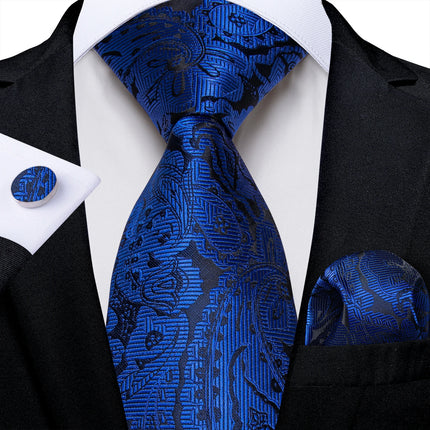 Classic Navy Blue Men'S Tie Striped Paisley Floral Necktie Pocket Square Cufflinks Business Tie Set Cravat Gift for Men