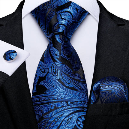 Classic Navy Blue Men'S Tie Striped Paisley Floral Necktie Pocket Square Cufflinks Business Tie Set Cravat Gift for Men