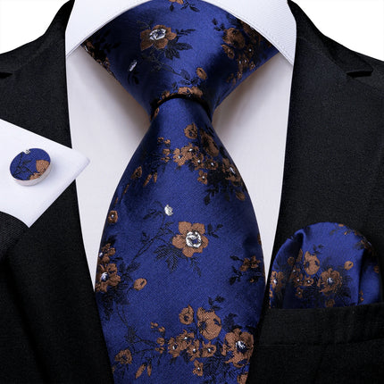 Classic Navy Blue Men'S Tie Striped Paisley Floral Necktie Pocket Square Cufflinks Business Tie Set Cravat Gift for Men