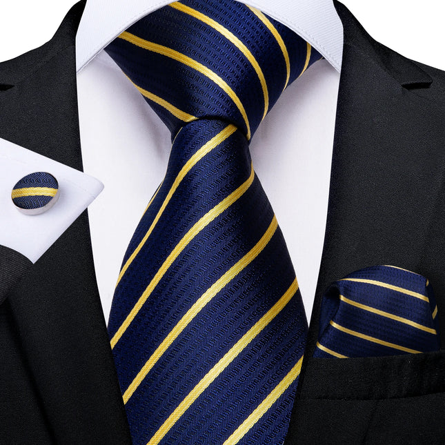 Classic Navy Blue Men'S Tie Striped Paisley Floral Necktie Pocket Square Cufflinks Business Tie Set Cravat Gift for Men