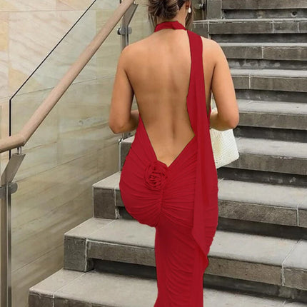 Long Party Dresses for Women Elegant Sexy Floral-Applique Halter Backless Maxi Dress Summer Clothes 2024 C83-CE37