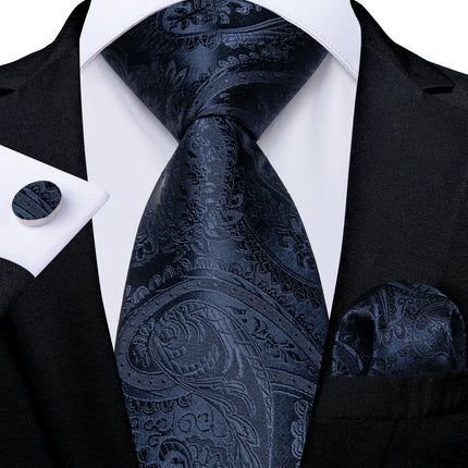 Classic Navy Blue Men'S Tie Striped Paisley Floral Necktie Pocket Square Cufflinks Business Tie Set Cravat Gift for Men