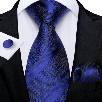 Classic Navy Blue Men'S Tie Striped Paisley Floral Necktie Pocket Square Cufflinks Business Tie Set Cravat Gift for Men