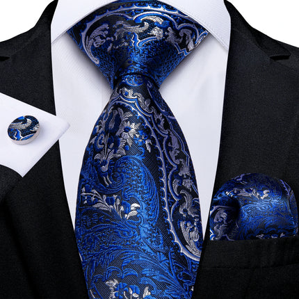 Classic Navy Blue Men'S Tie Striped Paisley Floral Necktie Pocket Square Cufflinks Business Tie Set Cravat Gift for Men