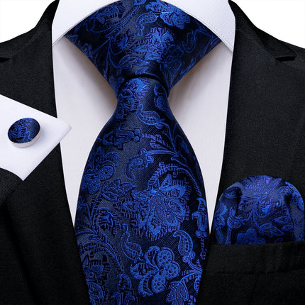 Classic Navy Blue Men'S Tie Striped Paisley Floral Necktie Pocket Square Cufflinks Business Tie Set Cravat Gift for Men