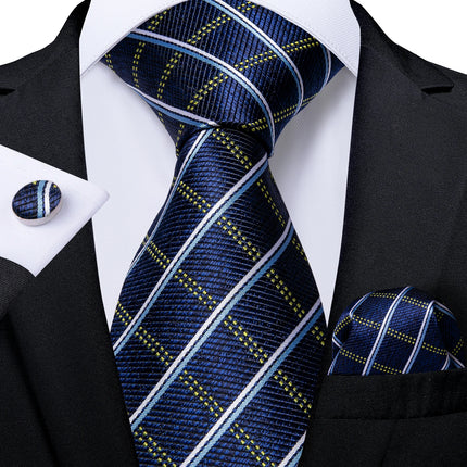 Classic Navy Blue Men'S Tie Striped Paisley Floral Necktie Pocket Square Cufflinks Business Tie Set Cravat Gift for Men