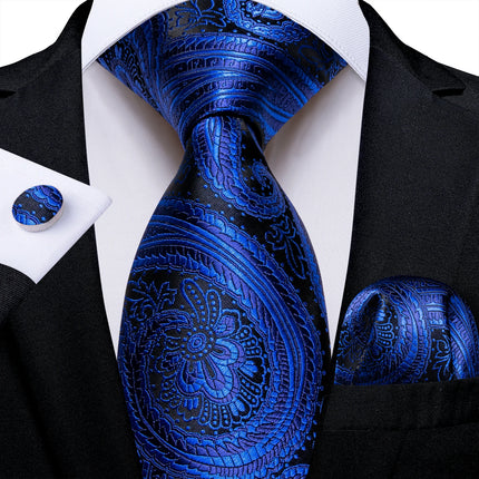 Classic Navy Blue Men'S Tie Striped Paisley Floral Necktie Pocket Square Cufflinks Business Tie Set Cravat Gift for Men