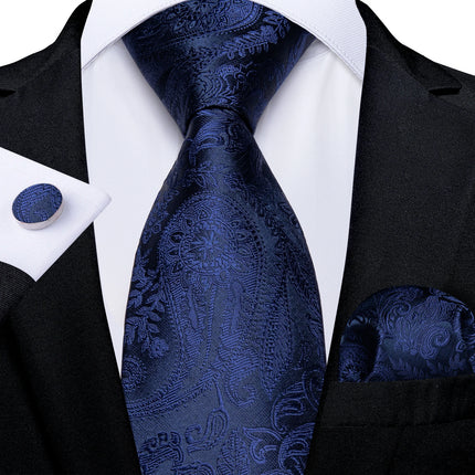 Classic Navy Blue Men'S Tie Striped Paisley Floral Necktie Pocket Square Cufflinks Business Tie Set Cravat Gift for Men