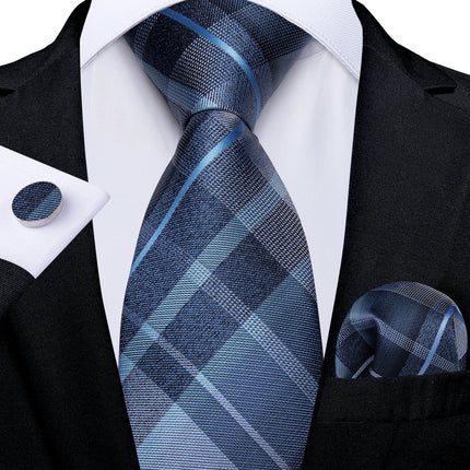 Classic Navy Blue Men'S Tie Striped Paisley Floral Necktie Pocket Square Cufflinks Business Tie Set Cravat Gift for Men