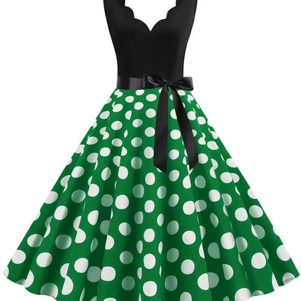 Polka Dot Print Vintage Women Summer Dress Black Patchwork Sleeveless V Neck Elegant Party Dresses Casual Robe Midi