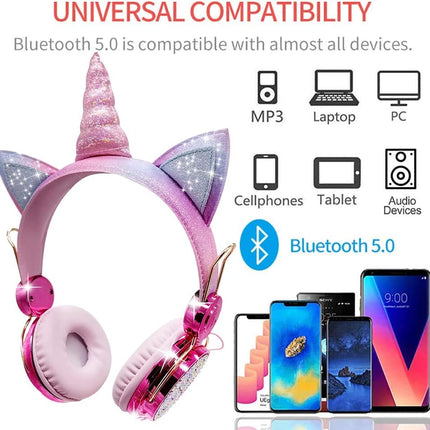 Kids Unicorn Headphones for Girls - Wireless Bluetooth Headset with Mic, Adjustable Headband, over Ear for Smartphones/School/Kindle/Tablet/Pc (Pink)