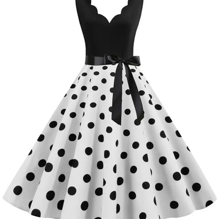 Polka Dot Print Vintage Women Summer Dress Black Patchwork Sleeveless V Neck Elegant Party Dresses Casual Robe Midi