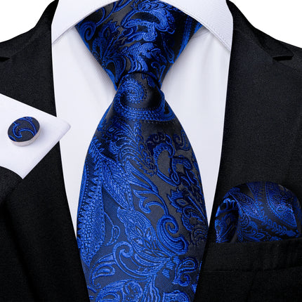 Classic Navy Blue Men'S Tie Striped Paisley Floral Necktie Pocket Square Cufflinks Business Tie Set Cravat Gift for Men
