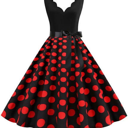Polka Dot Print Vintage Women Summer Dress Black Patchwork Sleeveless V Neck Elegant Party Dresses Casual Robe Midi
