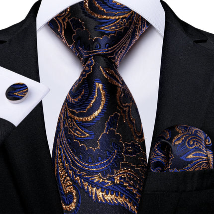 Classic Navy Blue Men'S Tie Striped Paisley Floral Necktie Pocket Square Cufflinks Business Tie Set Cravat Gift for Men
