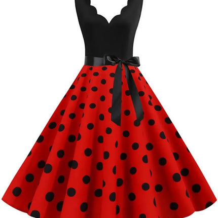 Polka Dot Print Vintage Women Summer Dress Black Patchwork Sleeveless V Neck Elegant Party Dresses Casual Robe Midi