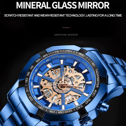 2024  Mens Watches Top Brand Luxury Stainless Steel Waterproof Hollow Out Blue Big Male Wristwatches Relogio Masculino