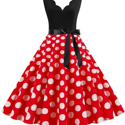 Polka Dot Print Vintage Women Summer Dress Black Patchwork Sleeveless V Neck Elegant Party Dresses Casual Robe Midi