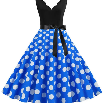Polka Dot Print Vintage Women Summer Dress Black Patchwork Sleeveless V Neck Elegant Party Dresses Casual Robe Midi