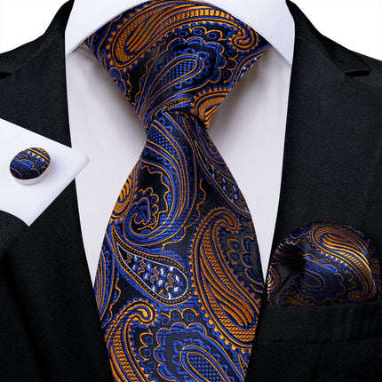 Classic Navy Blue Men'S Tie Striped Paisley Floral Necktie Pocket Square Cufflinks Business Tie Set Cravat Gift for Men