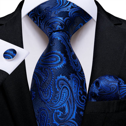 Classic Navy Blue Men'S Tie Striped Paisley Floral Necktie Pocket Square Cufflinks Business Tie Set Cravat Gift for Men