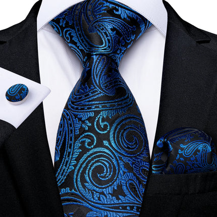 Classic Navy Blue Men'S Tie Striped Paisley Floral Necktie Pocket Square Cufflinks Business Tie Set Cravat Gift for Men