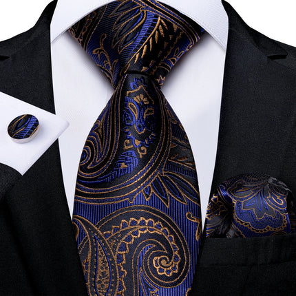 Classic Navy Blue Men'S Tie Striped Paisley Floral Necktie Pocket Square Cufflinks Business Tie Set Cravat Gift for Men