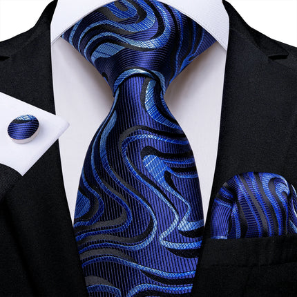 Classic Navy Blue Men'S Tie Striped Paisley Floral Necktie Pocket Square Cufflinks Business Tie Set Cravat Gift for Men