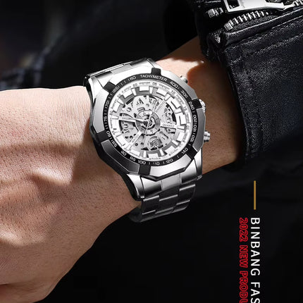 2024  Mens Watches Top Brand Luxury Stainless Steel Waterproof Hollow Out Blue Big Male Wristwatches Relogio Masculino