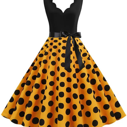 Polka Dot Print Vintage Women Summer Dress Black Patchwork Sleeveless V Neck Elegant Party Dresses Casual Robe Midi