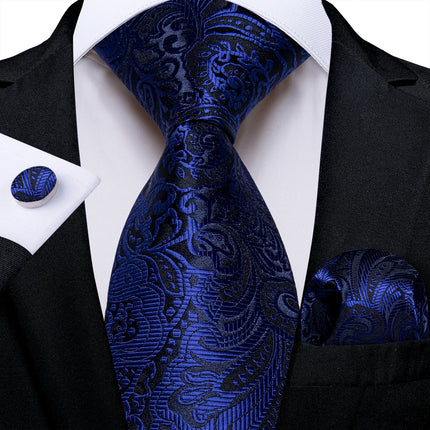 Classic Navy Blue Men'S Tie Striped Paisley Floral Necktie Pocket Square Cufflinks Business Tie Set Cravat Gift for Men