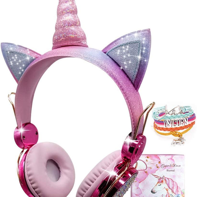Kids Unicorn Headphones for Girls - Wireless Bluetooth Headset with Mic, Adjustable Headband, over Ear for Smartphones/School/Kindle/Tablet/Pc (Pink)
